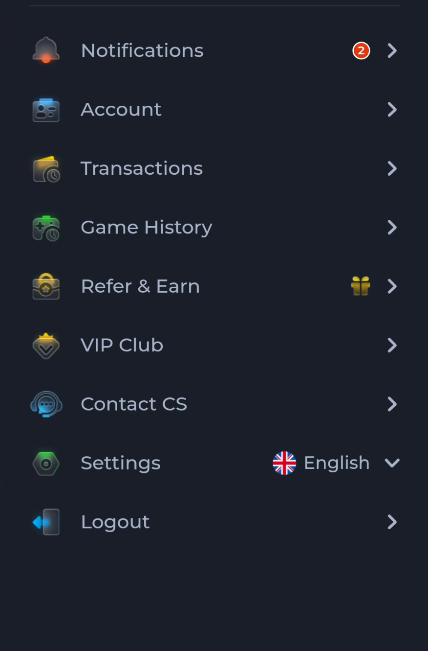 COME account menu with Account, Contact CS, Settings and Logout entries