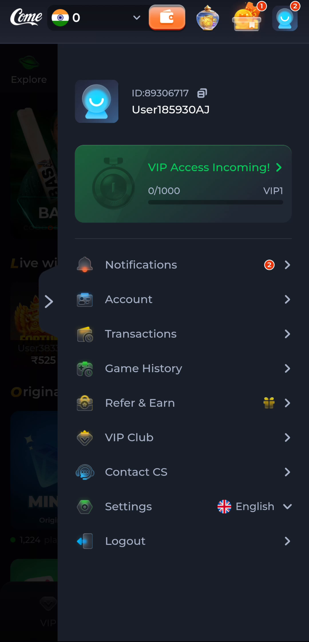 COME account menu with Account, Contact CS, Settings and Logout entries