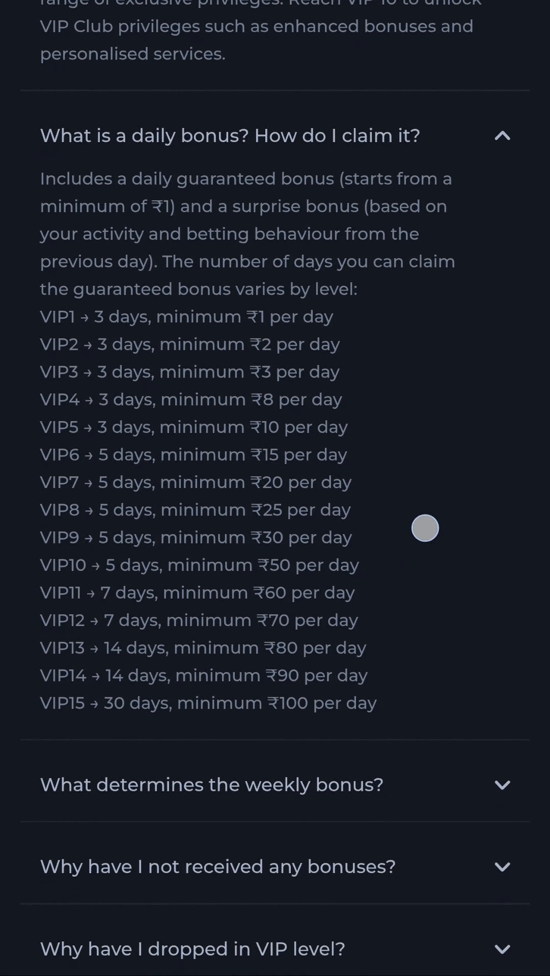 COME daily bonus rules listing minimum amounts and claim days by VIP level