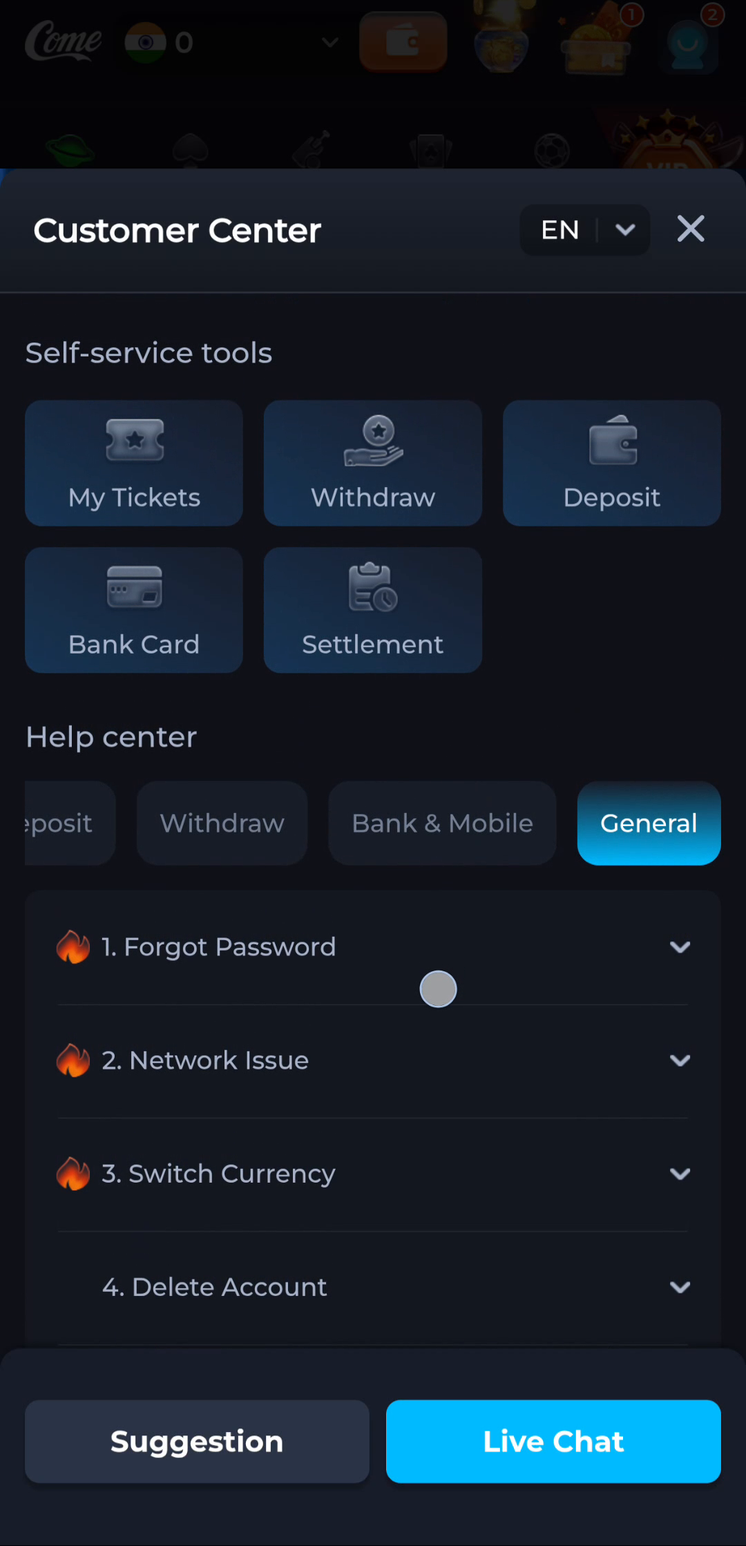COME Customer Center with the General help category selected