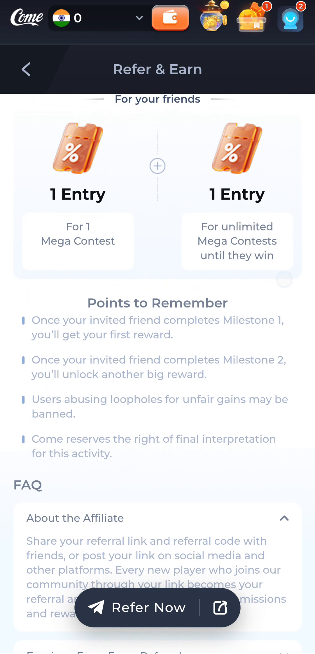 COME referral milestones and Points to Remember
