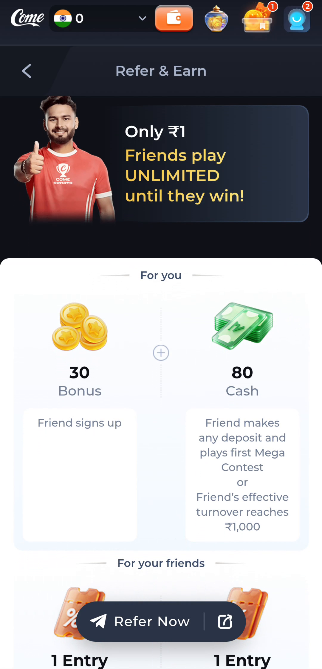 COME referral conditions for 30 Bonus and 80 Cash