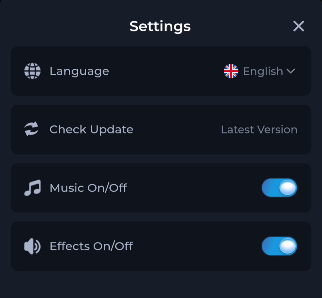 COME Settings showing Language, Check Update, Music and Effects