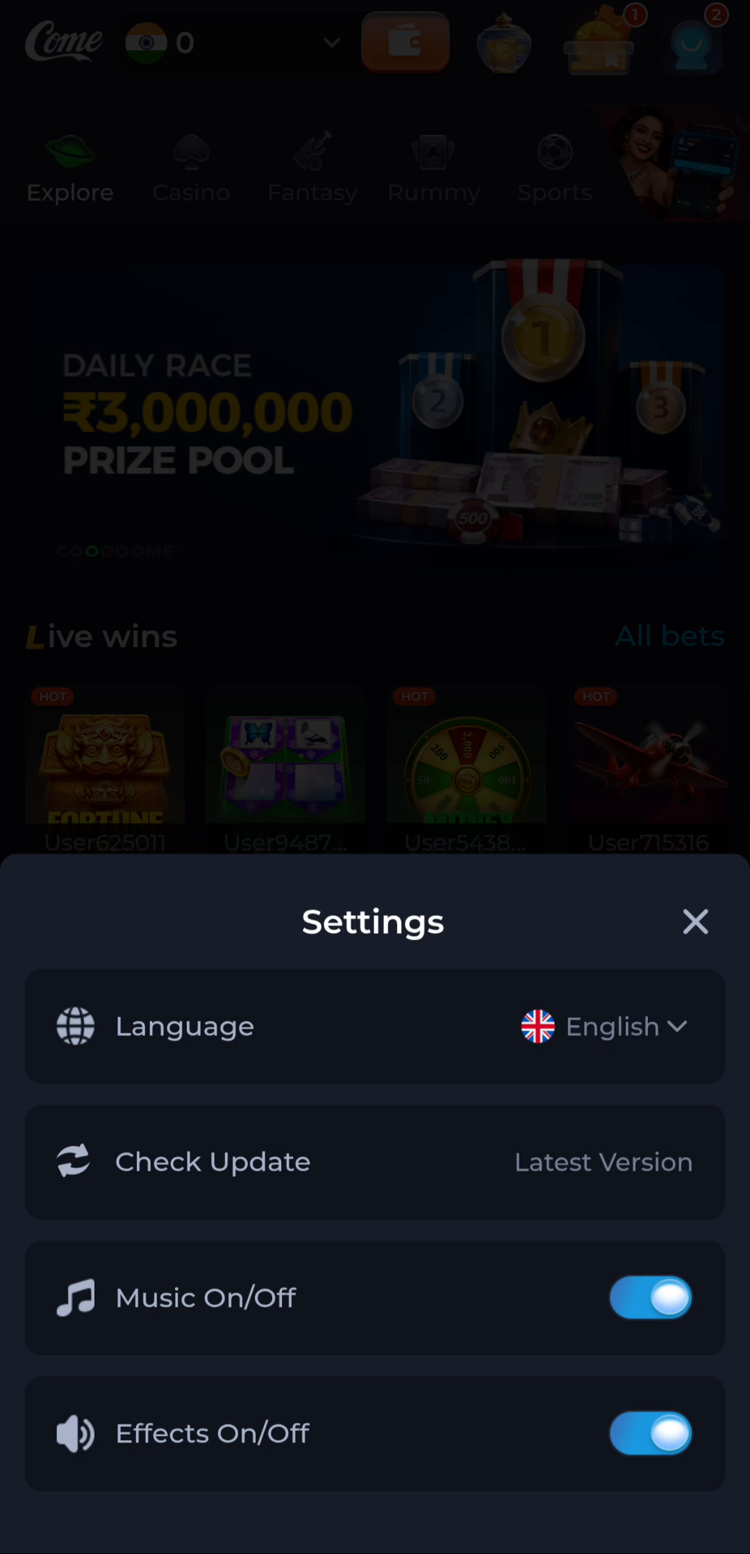 COME Settings showing Language, Check Update, Music and Effects controls
