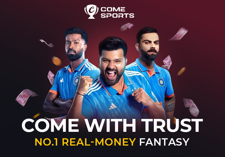 COME Sports campaign artwork with cricket players and COME with Trust lettering