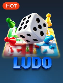 Ludo game cover with a dice and coloured pieces